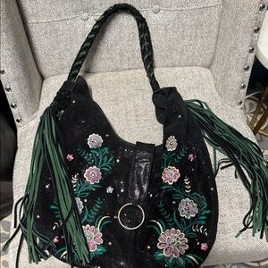 Free People Black Floral Embroidered Hobo Bag